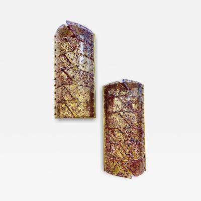 Vintage Italian Pair Polychrome Pattern Murano Glass Brass Sconces Flush Mounts