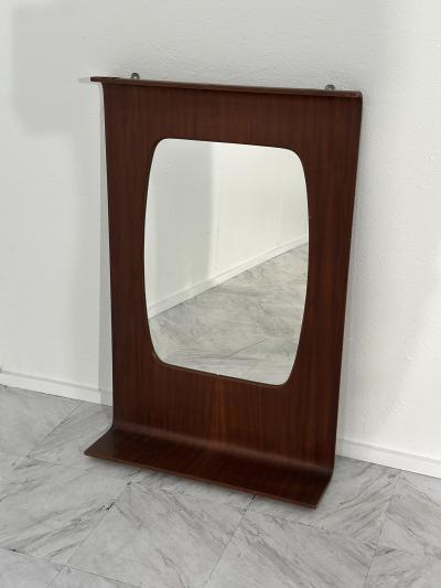 Vintage Italian Rosewood Veneer Plywood Mirror with Lower Shelf 1960