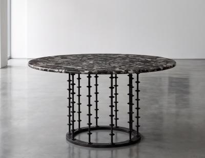Vintage Italian Round Agate Stone Dining Table with Hammered Iron Metal Base