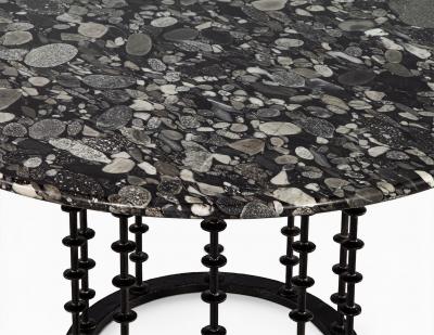 Vintage Italian Round Agate Stone Dining Table with Hammered Iron Metal Base