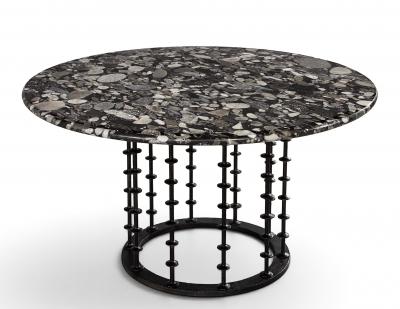 Vintage Italian Round Agate Stone Dining Table with Hammered Iron Metal Base