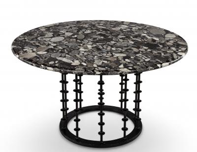 Vintage Italian Round Agate Stone Dining Table with Hammered Iron Metal Base
