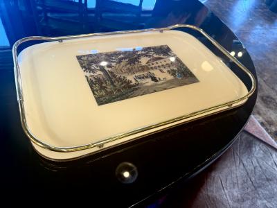 Vintage Italian Scenic Serving Tray with Brass Gallery Rail