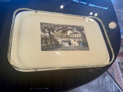 Vintage Italian Scenic Serving Tray with Brass Gallery Rail