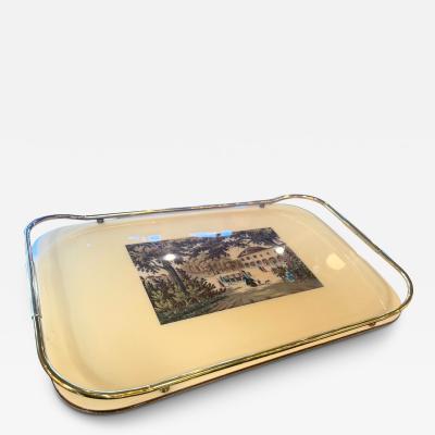 Vintage Italian Scenic Serving Tray with Brass Gallery Rail