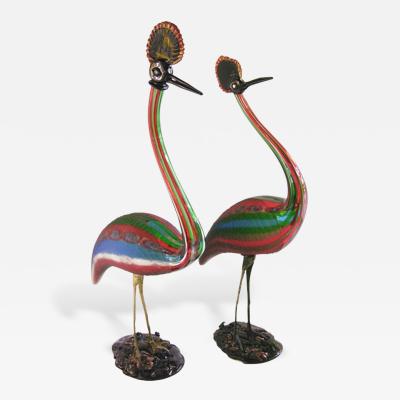 Vintage Italian Tall Pair of Jewel Like Red Blue Green White Glass Crested Birds