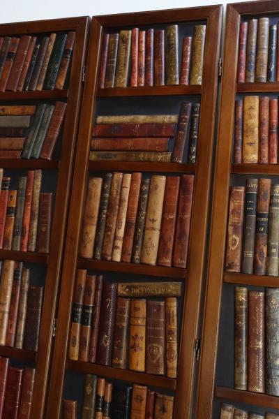 Vintage Italian Trompe Loeil Leather Book Library Folding Screen by Sarreid