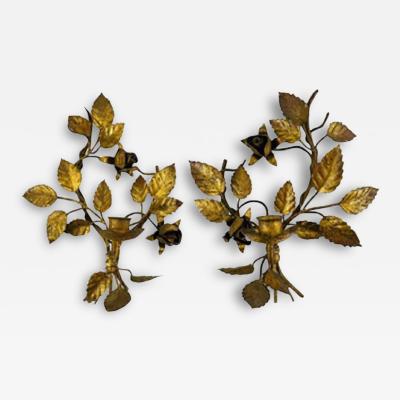 Vintage Italian leaf Design Gilt Gold Tole Metal Candle Wall Sconce a Pair