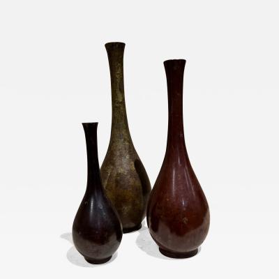 Vintage Japanese Bud Vases Patinated Brass Set of Three