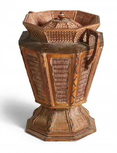 Vintage Lidded and Footed Woven Wicker Basket with Handles
