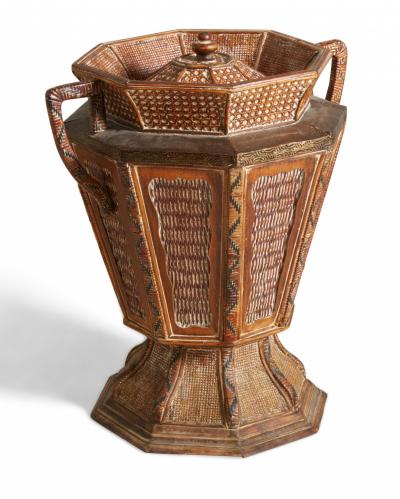 Vintage Lidded and Footed Woven Wicker Basket with Handles