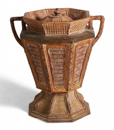 Vintage Lidded and Footed Woven Wicker Basket with Handles