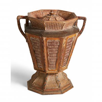 Vintage Lidded and Footed Woven Wicker Basket with Handles