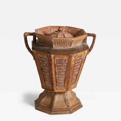 Vintage Lidded and Footed Woven Wicker Basket with Handles