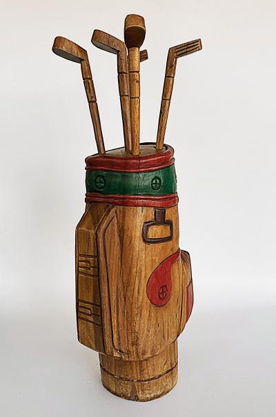 Vintage Life sized Carved Wood Set of Golf Clubs Sculpture and Bag