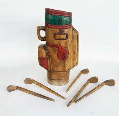Vintage Life sized Carved Wood Set of Golf Clubs Sculpture and Bag