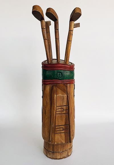 Vintage Life sized Carved Wood Set of Golf Clubs Sculpture and Bag