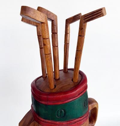 Vintage Life sized Carved Wood Set of Golf Clubs Sculpture and Bag