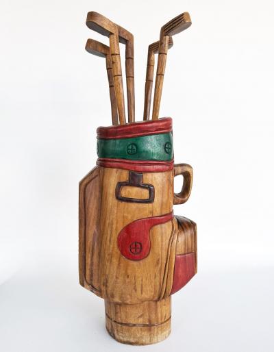 Vintage Life sized Carved Wood Set of Golf Clubs Sculpture and Bag