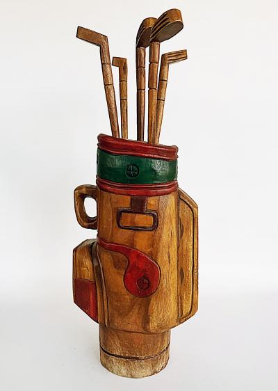 Vintage Life sized Carved Wood Set of Golf Clubs Sculpture and Bag