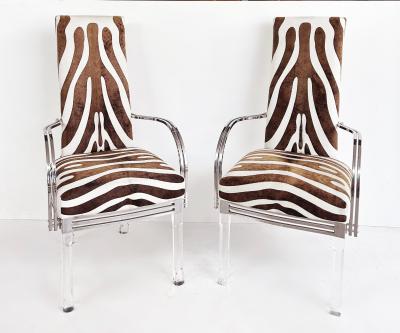 Vintage Lucite Chrome Armchairs Upholstered in Zebra Cowhide Pair