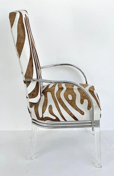 Vintage Lucite Chrome Armchairs Upholstered in Zebra Cowhide Pair