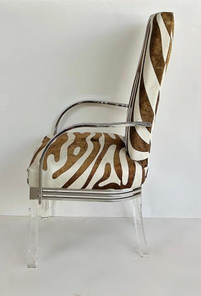Vintage Lucite Chrome Armchairs Upholstered in Zebra Cowhide Pair
