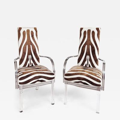 Vintage Lucite Chrome Armchairs Upholstered in Zebra Cowhide Pair