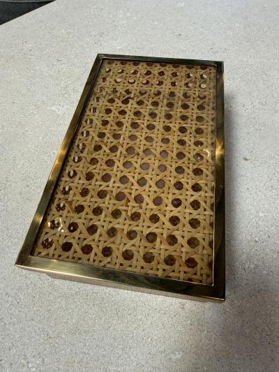 Vintage Lucite Woven Rattan Storage Box with Brass Trim