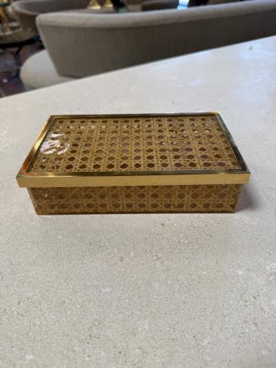 Vintage Lucite Woven Rattan Storage Box with Brass Trim