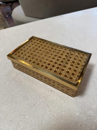 Vintage Lucite Woven Rattan Storage Box with Brass Trim