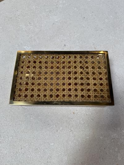 Vintage Lucite Woven Rattan Storage Box with Brass Trim