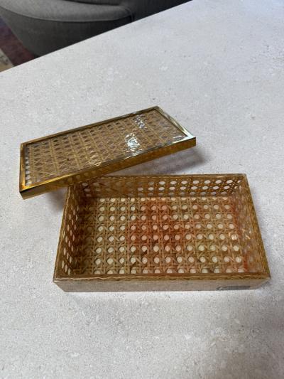 Vintage Lucite Woven Rattan Storage Box with Brass Trim