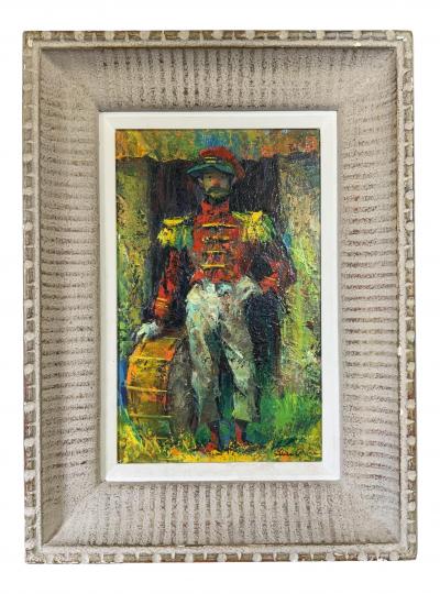 Vintage MCM Iver Rose Oil Painting of a Clown Soldier