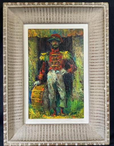 Vintage MCM Iver Rose Oil Painting of a Clown Soldier