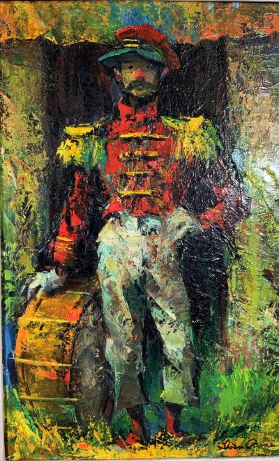 Vintage MCM Iver Rose Oil Painting of a Clown Soldier