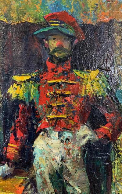 Vintage MCM Iver Rose Oil Painting of a Clown Soldier