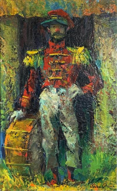 Vintage MCM Iver Rose Oil Painting of a Clown Soldier