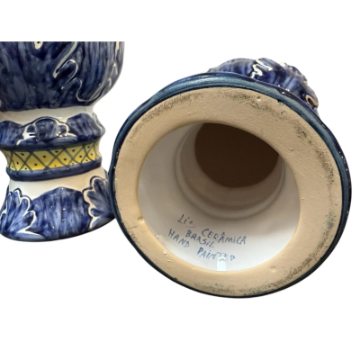 Vintage Majolica Pottery Blue Yellow Decorative Finials A Pair