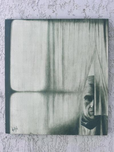 Vintage Man Behind the Curtain Painting Signed Vida