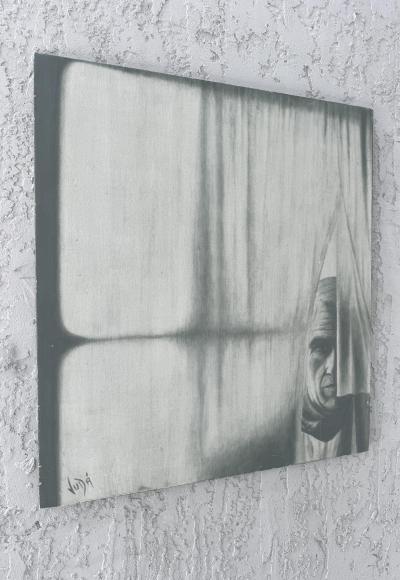 Vintage Man Behind the Curtain Painting Signed Vida