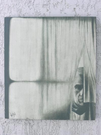 Vintage Man Behind the Curtain Painting Signed Vida