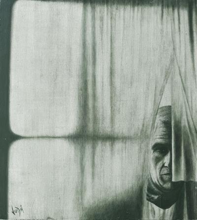 Vintage Man Behind the Curtain Painting Signed Vida