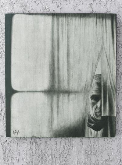 Vintage Man Behind the Curtain Painting Signed Vida