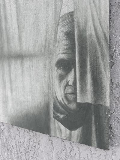 Vintage Man Behind the Curtain Painting Signed Vida