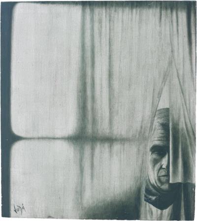 Vintage Man Behind the Curtain Painting Signed Vida