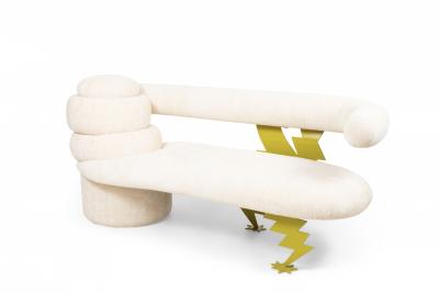 Vintage Memphis Style Beige Velvet Upholstered Cloud and Lightning Bench Sofa