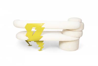 Vintage Memphis Style Beige Velvet Upholstered Cloud and Lightning Bench Sofa
