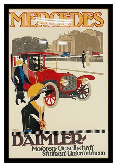 Vintage Mercedes Benz Stuttgart Lithograph Poster Framed Art Deco