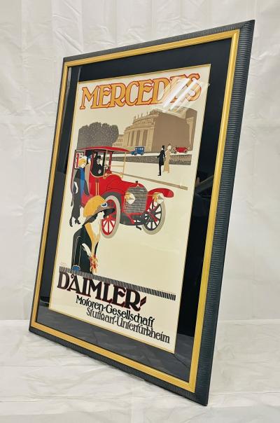 Vintage Mercedes Benz Stuttgart Lithograph Poster Framed Art Deco